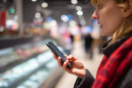 A woman stands in a modern grocery store, focused on her phone while browsing. Shelves with various products are visible in the background, creating a lively shopping atmosphere.の素材