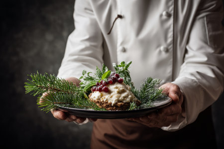 A chef in a white uniform holds a black plate featuring a creamy dessert topped with red berries and garnished with fresh greens. The scene evokes a warm and inviting atmosphere.の素材