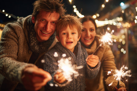 A joyful family of three enjoys a festive evening at an outdoor market, holding sparklers and smiling under beautiful decorative lights that enhance the cheerful atmosphere.の素材