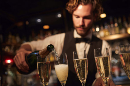 A skilled bartender pours sparkling wine into several flutes at a vibrant bar setting. The atmosphere is festive, with warm lighting and an array of drinks visible in the background.の素材