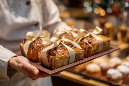 A baker presents a tray of beautifully wrapped pastries in a warm bakery. The setting is vibrant with holiday decorations, creating a cheerful atmosphere perfect for the season.の素材