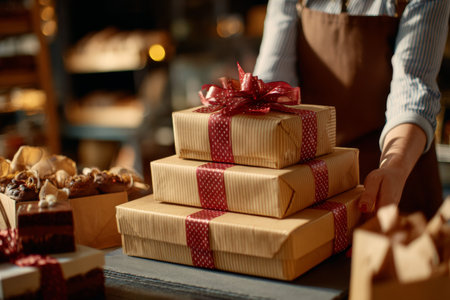 A person wraps gifts in a warm and inviting shop filled with treats. The scene captures the joy of preparing presents for the holiday season, complete with festive decorations.の素材