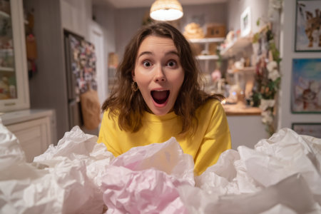 A young woman with curly hair and a yellow sweater shows excitement while sitting in a cozy room filled with colorful wrapping paper. The atmosphere radiates joy and celebration.の素材