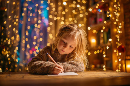 A young child sits at a wooden table, focused on writing a letter. Warm lights and holiday decorations create a cozy atmosphere, highlighting the festive spirit.の素材
