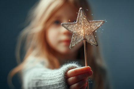 A young girl in a soft sweater extends her hand, showcasing a glittering star wand. The background is blurred, enhancing the enchanting atmosphere.の素材