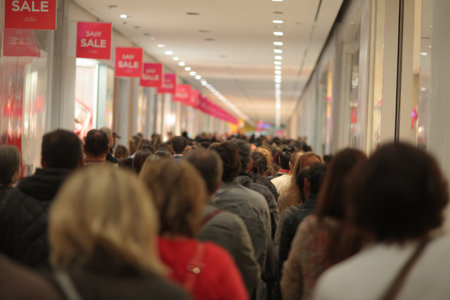 A large crowd of shoppers gathers inside a shopping mall, eagerly waiting in line for a sale event, with bright red signs announcing discounts. The atmosphere is lively and bustling.の素材