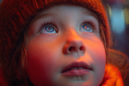 A young child with a warm hat gazes upwards, filled with curiosity. The soft evening light highlights their bright eyes and innocent expression, creating a magical atmosphere.の素材