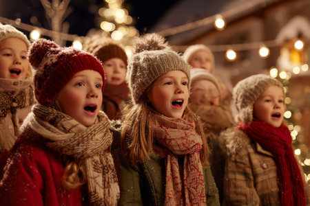 A group of children in warm winter clothes sings carols together under string lights in a festive village. Their joyful expressions create a lively holiday atmosphere filled with excitement.の素材