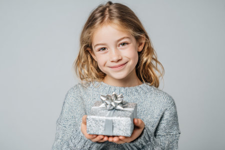 A cheerful young girl with curly hair wearing a gray sweater holds a sparkling wrapped gift with a silver bow. She smiles warmly, creating a festive atmosphere of happiness.の素材