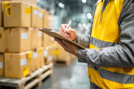 A warehouse worker wearing a safety vest takes notes on a clipboard while standing near stacks of cardboard boxes. The atmosphere is busy and bright as goods are organized.の素材