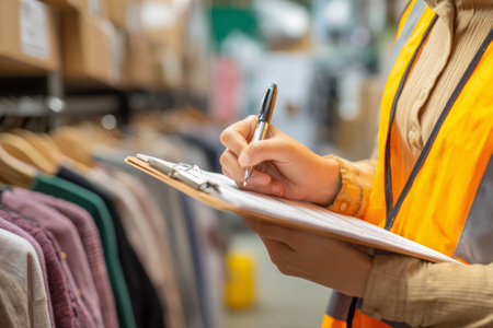A person wearing an orange safety vest is reviewing inventory in a clothing store. They hold a clipboard and pen, taking notes among the displayed garments.の素材
