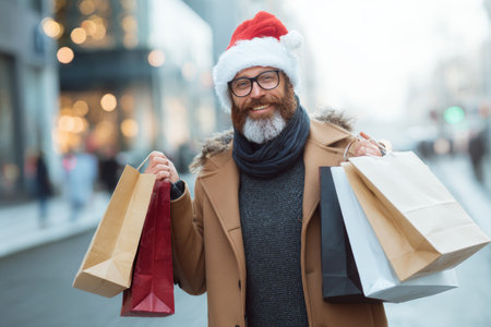 A joyful man wears a Christmas hat while carrying multiple shopping bags in a bustling urban area. He smiles broadly, surrounded by a wintry scene and holiday decorations.の素材