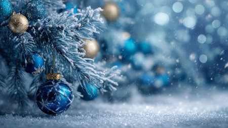 Blue and gold ornaments hang gracefully from a frosted Christmas tree. Sparkling snow covers the ground, creating a magical winter atmosphere as soft lights twinkle in the background.の素材