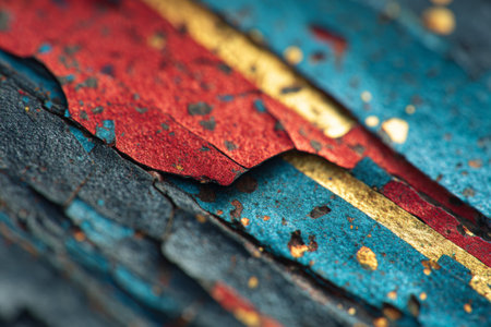 Close-up view of layered paint with vibrant red, blue, and gold colors. The texture reveals peeling layers, creating an artistic abstract appearance.の素材