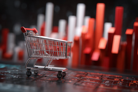 A small metal shopping cart is positioned on a keyboard. Behind the cart, a digital bar chart displays red and white vertical bars, symbolizing data analysis and e-commerce trends.の素材
