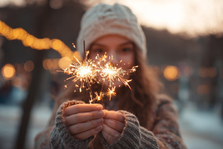 A girl joyfully holds sparklers, glowing in her hands, while wearing a warm hat and sweater. The scene takes place at dusk with twinkling lights in the park creating a magical atmosphere.の素材
