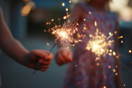 Two children enjoy a joyful moment as they hold lit sparklers during a festive gathering in the evening. The warm glow creates a magical atmosphere.の素材