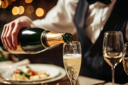 A server dressed in formal attire pours champagne into a flute at an elegantly set table. The atmosphere is warm and inviting, perfect for a special celebration.の素材