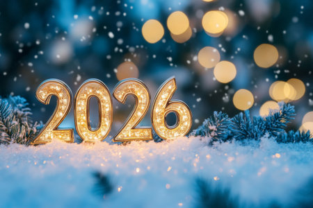 Sparkling number 2026 is displayed in soft snow, surrounded by glowing fairy lights and falling snowflakes. This winter scene captures the spirit of celebration and new beginnings.の素材