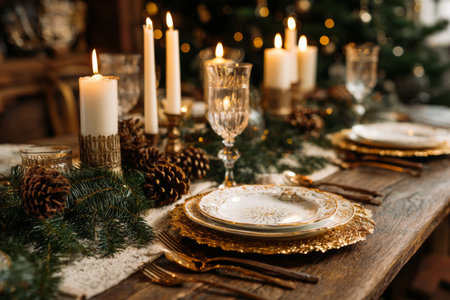 A beautifully arranged table features sparkling glassware, fine china, and glowing candles. Pinecones and greenery add a natural touch, creating a warm, festive atmosphere for a holiday celebration.の素材