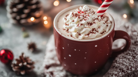 A rich and creamy drink topped with whipped cream and chocolate shavings sits in a cozy cup. Surrounding the cup are pine cones and colorful ornaments, creating a festive atmosphere.の素材