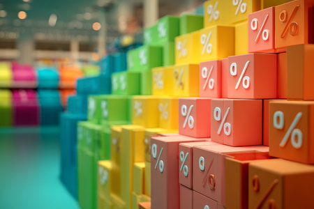 Brightly colored boxes with percentage symbols are neatly arranged in stacks at a retail store during a sale event. The vibrant colors attract shoppers looking for deals.の素材