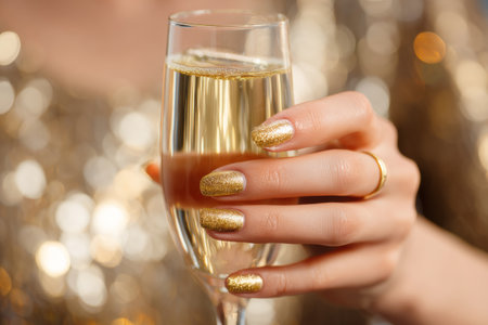 A hand with golden nail polish gracefully holds a glass of sparkling drink. The person is in a festive setting with a shimmering background, perfect for celebrations.の素材