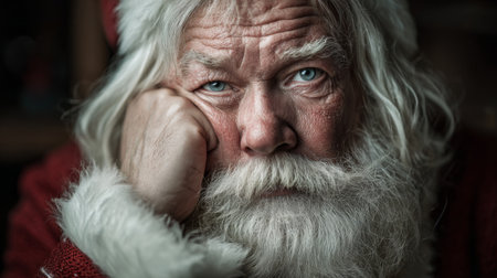 A man dressed as Santa Claus sits thoughtfully with his hand on his chin. His long white beard and fluffy red outfit reflect the spirit of the holiday season. Soft light enhances the warm atmosphere.の素材