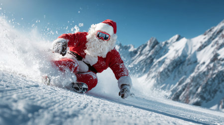 A person dressed as Santa Claus skis enthusiastically down a snowy slope surrounded by tall mountains. The clear blue sky adds to the cheerful winter scene.の素材