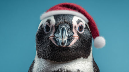 A penguin features a cheerful Santa hat on its head, smiling and posing against a bright blue background. This playful scene captures the essence of holiday spirit.の素材
