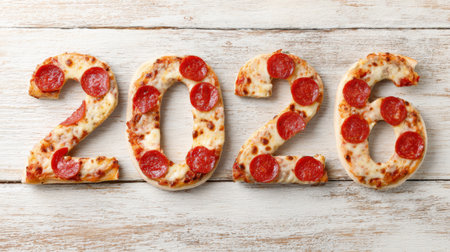 A unique display of pepperoni pizza crafted into the numbers 2026 sits on a rustic wooden table. This creative snack is perfect for a party or special event.の素材