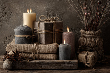A cozy display features lit candles, wrapped gifts, and dried plants on a wooden surface. The warm light creates a tranquil atmosphere, perfect for relaxation and comfort.の素材