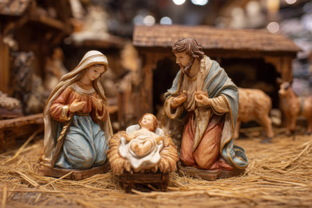 A nativity scene displays Mary and Joseph gazing lovingly at baby Jesus in a wooden manger. The setting is adorned.の素材