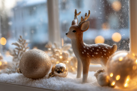 A charming winter scene shows a deer figurine next to shiny ornaments and snow-like decorations on a window sill. Soft lights create a warm, festive atmosphere outside.の素材