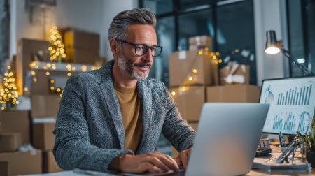 A businessman with glasses is focused on his laptop in a modern office. The space has festive lights and is filled with cardboard boxes, indicating holiday preparations.の素材