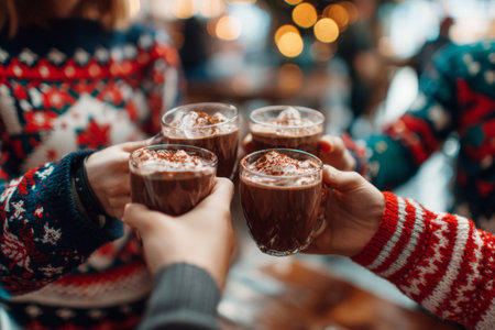 A group of friends raises glasses of hot chocolate topped with whipped cream. They are dressed in colorful sweaters and celebrating a cheerful moment at a holiday gathering.の素材