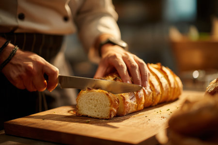 A baker in a striped apron uses a large knife to cut freshly baked bread on a wooden cutting board in a cozy kitchen. The warm lighting adds to the inviting atmosphere.の素材