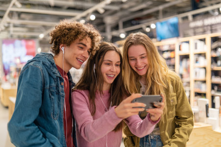 Three young friends are seen in a trendy store, laughing and engaging with a smartphone. They are wearing casual clothes and listening to music through headphones.の素材