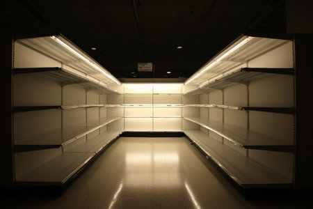 Shelves in a supermarket stand mostly bare, illuminated by bright lights, indicating a shortage of food and supplies. Customers may struggle to find necessary items.の素材