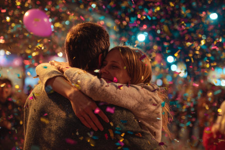 Celebrating under a starry sky, a couple embraces as festive confetti falls around them. The street is alive with joyful people, balloons, and lights, creating a magical atmosphere.の素材