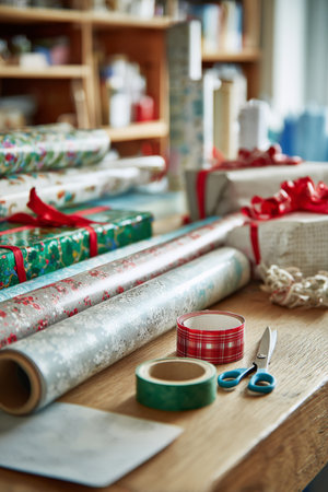 Colorful rolls of wrapping paper, ribbons, scissors, and tape are spread across a wooden table. Wrapped gifts are arranged neatly, creating a festive atmosphere in a cozy room.の素材