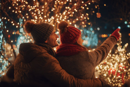 In a charming outdoor space, a couple embraces warmly, admiring colorful holiday lights that illuminate the night. The festive atmosphere enhances their joyful moment together.の素材