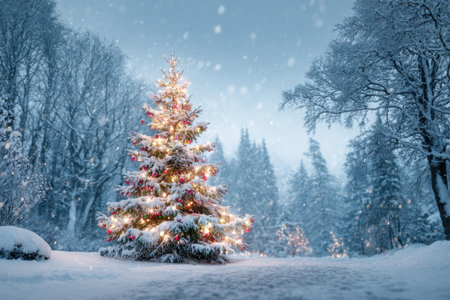A beautifully decorated Christmas tree stands amidst a serene winter landscape. Soft snowflakes fall gently, creating a magical atmosphere in the frosty woods at dusk.の素材