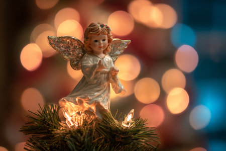 A delicate angel figurine stands atop a Christmas tree, surrounded by glowing lights. The soft bokeh in the background adds warmth to the festive scene, capturing holiday spirit.の素材