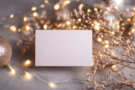 A blank card sits among soft golden lights and dried flowers. This setup creates a warm and inviting atmosphere, perfect for special events or holidays.の素材