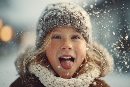 Young girl with sparkling blue eyes and a big smile plays in falling snow. She wears a knit hat and scarf, embracing the cheerful winter atmosphere.の素材