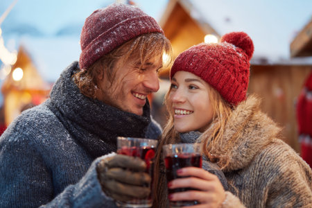 A happy couple shares a moment at a winter market, each holding a glass of warm drink. They are surrounded by snow-covered decorations and festive lights, creating a cozy atmosphere.の素材