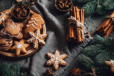 A wooden plate holds various shaped gingerbread cookies decorated with white icing. Surrounding the plate are cinnamon sticks, star anise, and evergreen branches, creating a warm winter atmosphere.の素材