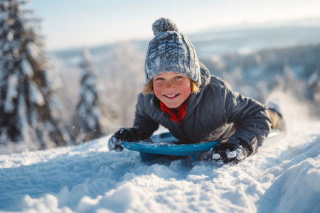 A happy child with a warm hat and jacket slides down a snowy slope on a sled, surrounded by tall trees and a bright blue sky. The scene captures the joy of winter play.の素材