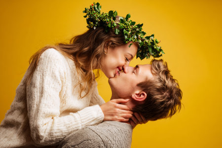 A young couple joyfully gazes into each others eyes, sharing a tender kiss. The woman wears a beautiful crown of flowers, and they are surrounded by a vibrant yellow backdrop.の素材